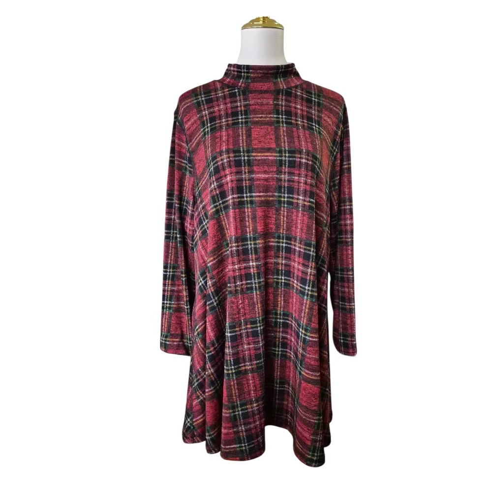John Mark Plaid Tunic Top XL Red Black Green Long‎ Sleeve A-Line Soft Knit